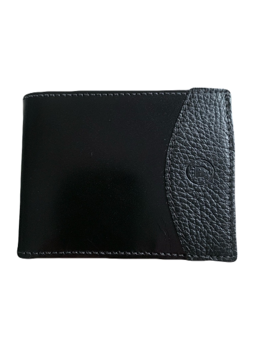 Men's Black Shiny Textured Genuine Leather Trim Bi-Fold Billfold Wallet USA Made